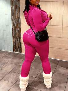 FQLWL Women's Casual Street Style Tracksuit, Printed Zip-Up Hoodie And Pants Set, Long Sleeve 2-Piece Outfit