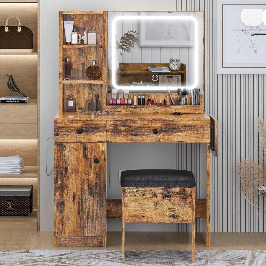 Tocador con Espejo y Luces,Tocador de Maquillaje de 35,4'' con 2 Cajones y Armario,Mesa de Maquillaje con Panel Plegable y 3 Estantes,Taburete de Almacenamiento,Juego de Tocadors para Recamara,Marrón - Camel - Ver 1
