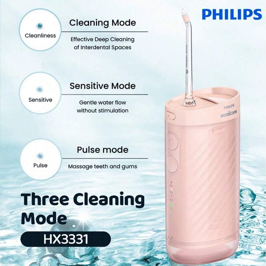 Máy tăm nước điện PHILIPS HX3331/02 3 chế độ di động, làm sạch mảng bám, chăm sóc nướu, vòi phun xoay, dụng cụ vệ sinh răng miệng - Hồng - Xem 1