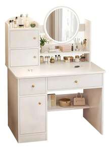 Escritorio de tocador con espejo, luces LED mesa de tocador de maquillaje con 2 cajones y 3 estantes y 3 taquillas de almacenamiento, tocador para dormitorio, vestidor (Blanco, Rosa, Marrón) - Blanco - Ver 3