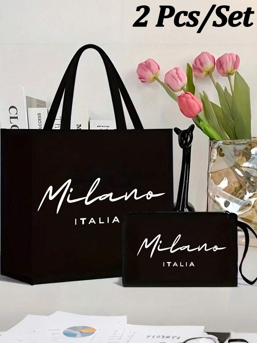 Bộ 1 túi tote vải lanh, bao gồm 1 túi tote in chữ "Milan, Italy" và 1 túi nhỏ in họa tiết hoa và chữ cái, bao bì quà tặng cá nhân hóa, phù hợp cho đám cưới, sinh nhật, đi biển, kỳ nghỉ và nhiều dịp khác, món quà hoàn hảo cho phụ nữ, mẹ, giáo viên, bạn bè, phù dâu, sinh viên và mùa tựu trường. - Nhiều màu - Xem 1