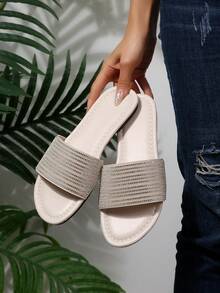 Summer New Fashion Versatile Beach Soft Bottom Comfortable Crystal Embellished Flat Slide Sandals - Beige - View 5