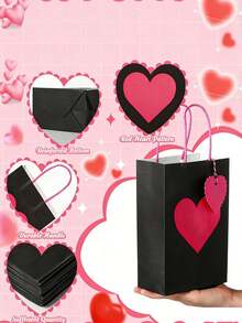 24/12/6/3pcs Valentine's Day Kraft Paper Gift Bags With Red Heart Tags, Heart-Shaped Valentine's Gift Bags, Black And Pink Design, Red And Pink Paper Party Bags With Handles, Anniversary Surprise Gift Bags, Foldable Shopping Bags And Valentine's Party Bags, Holiday Decorations, Shopping Bags, Romantic Occasion Gift Bags, Wedding Party Gift Bags, Handmade Tote Bags For Mother's Day, Valentine's Day, Birthday And Love Occasions - Multicolor - View 4