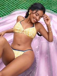 女士夏季沙滩格子圆环系带露背性感比基尼泳衣套装 - 彩色 - 查看 2