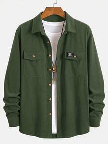 Men's Casual Corduroy Button-Down Shirt, Solid Color, Turn-Down Collar, Slightly Stretchy Fabric, Regular Fit, With Front Pockets, Long-Sleeved Woven Traditional Shirt Suitable For Spring And Autumn. - 軍綠色 - 查看 1