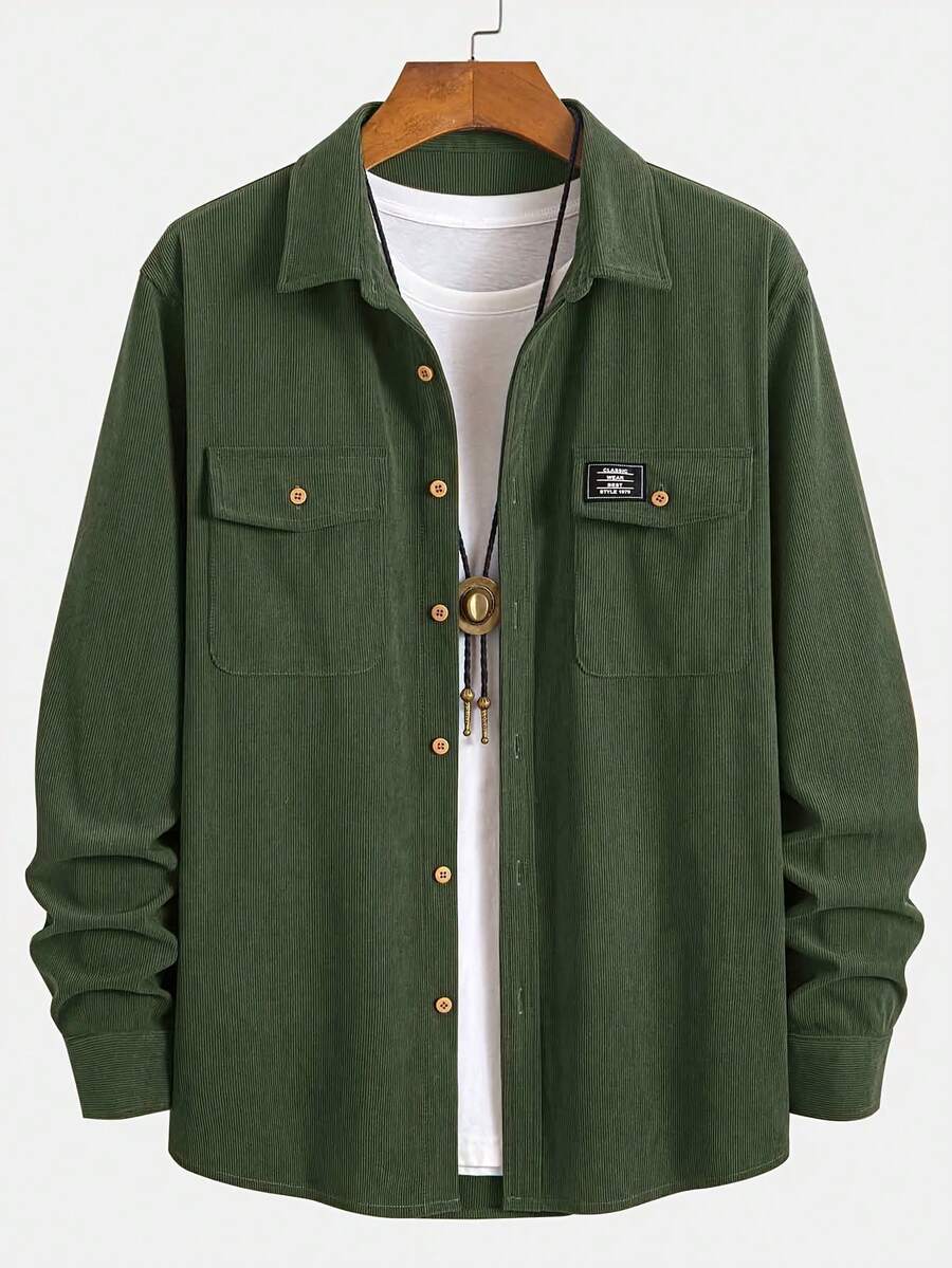 Men's Casual Corduroy Button-Down Shirt, Solid Color, Turn-Down Collar, Slightly Stretchy Fabric, Regular Fit, With Front Pockets, Long-Sleeved Woven Traditional Shirt Suitable For Spring And Autumn. - 軍綠色 - 查看 1
