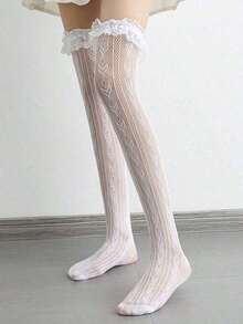 1 Pair Women's Heart Pattern Lace Thigh High Stockings Ruffle Trim Bowknot Over Knee High Socks - 白色 - 查看 4