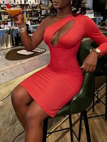 Đầm ngắn màu đỏ co giãn lệch vai dành cho nữ, đầm dự tiệc thanh lịch gợi cảm sành điệu với những đường cắt xẻ táo bạo, trang phục ngày Valentine. - Đỏ - Xem 7