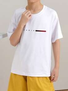 Tween Boy Casual White Print Crew Neck Short Sleeve T-Shirt For Summer