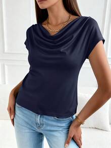 PRETTYGARDEN Women's Summer Clothes Tops Dressy Casual Clothing Cowl Neck Short Sleeve Blouses Business Work Office Shirts  Tops For Women - 海軍藍色 - 查看 3