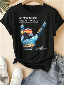 F1 Racing T-Shirt, Unisex Crew Neck VER 1 Print Short Sleeve Tee, Motorsport Racing Stripe Checkered Accent Casual Top, Sporty Style Machine Washable Shirt, Perfect For 4th Of July, Memorial Day, Labor Day, Father's Day, Back To School, Daily Wear, Race Day, Fan Gatherings, Birthday Gift For Son, Boyfriend, Dad, Niece, Spring Summer Outfits, Motorsport F1 Fan Apparel - 黑色 28 - 查看 1
