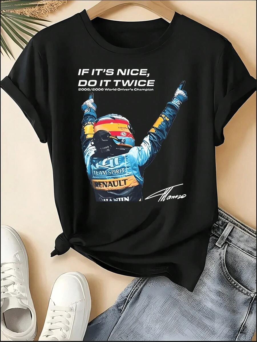 F1 Racing T-Shirt, Unisex Crew Neck VER 1 Print Short Sleeve Tee, Motorsport Racing Stripe Checkered Accent Casual Top, Sporty Style Machine Washable Shirt, Perfect For 4th Of July, Memorial Day, Labor Day, Father's Day, Back To School, Daily Wear, Race Day, Fan Gatherings, Birthday Gift For Son, Boyfriend, Dad, Niece, Spring Summer Outfits, Motorsport F1 Fan Apparel - 黑色 28 - 查看 1