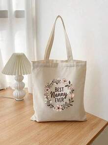 1-2 piezas "Mejor niñera para siempre" Bolsa de lona impresa con diseño de corona, plegable, reutilizable, bolsa unisex, bolsa de compras de hombro de color beige de moda, de poliéster duradero, lavable a máquina, regalo perfecto con tema de agradecimiento - Multicolor - Ver 24