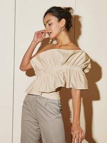 Summer Fashion One-Shoulder Ruffle Trim Blouse, Backless Crop Tops, Business Casual Vacation Outfits For Women