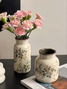 1/3pcs Small Mini Handmade Vintage Garden Ceramic Vase, Crackle Glaze White Vase With Green Floral Pattern, Rustic Farmhouse Tabletop Decor For Living Room, Kitchen, Dining Table, Windowsill, Fresh/Dried Flower Holder, Ramadan & Graduation Gift - Multicolor - View 3