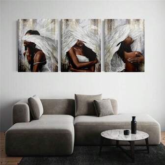 3幅/套帆布印刷装饰画，白色羽毛与非裔美国女性，时尚装饰画，抽象艺术，室内家居墙面装饰画，无框