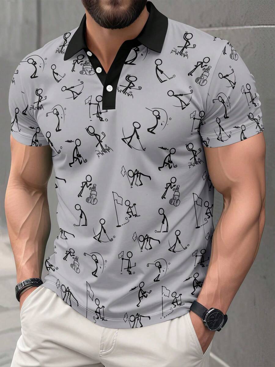 男式全身趣味涂鸦印花休闲时尚短袖 Polo 衫 - 彩色 - 查看 1