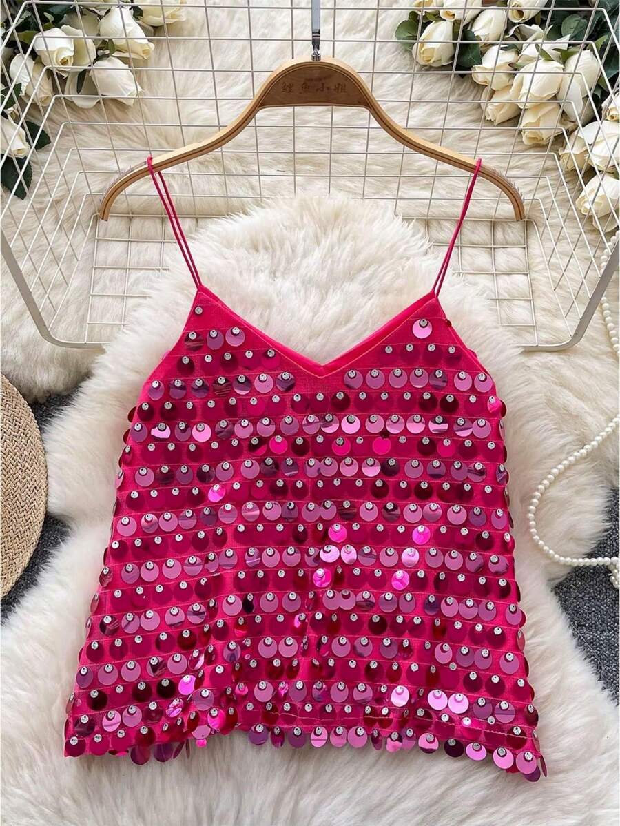 Sequin Tops For Women Sparkly Strappy Tank Tops Sleeveless V Neck Camisole Top Party Disco Club Night Outfits - Màu Hồng Tươi - Xem 1