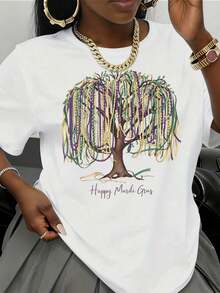 Mardi Gras Beads And Crown Design Happy Mardi Gras T Shirt Women Casual Top Party Costume Festival Wear ,220g - 白色 - 查看 2