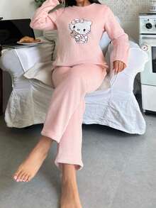 SANRIO 2件套女士Hello Kitty加厚绒宽松长袖上衣+舒适长裤可爱睡衣套装 - 粉色 - 查看 6