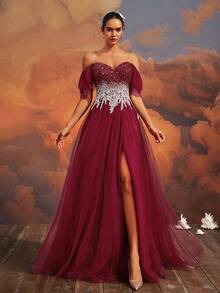 VIPGIRL Heavily Beaded Long Evening Gown, High-End Formal Banquet Party Elegant Maxi Dress With Train - Burgundy - View 2