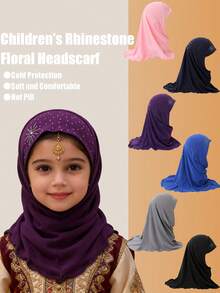 1件装 3-8岁女孩水晶亚麻太阳钻石头巾，可爱帽子围巾，春夏女孩头巾，伊斯兰头巾，带水钻 - 1PC - 查看 2