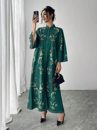 1pc Women's Green All-Over Allover Print Mandarin Collar Flare Sleeve Single-Breasted Long Casual Dress, Elegant Arabic Style Robe For Luxury Party/Festival
