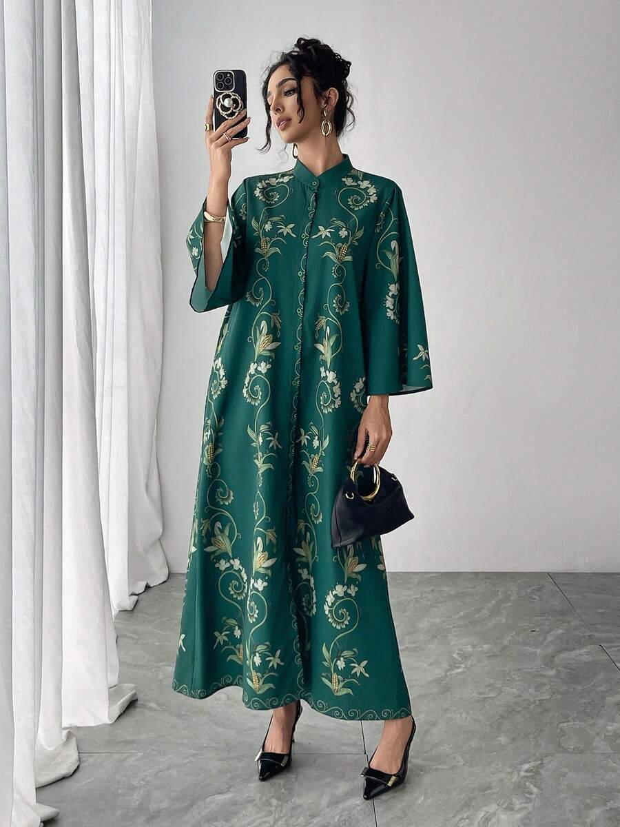 1pc Women's Green All-Over Allover Print Mandarin Collar Flare Sleeve Single-Breasted Long Casual Dress, Elegant Arabic Style Robe For Luxury Party/Festival - Green - View 1