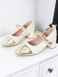 Women's Square Toe Mary Jane Pumps, French Contrast Color Strap Chunky Heels, Elegant Casual Wear, Suitable For Spring, Summer, Fall, Plus Size High Heels - Beige - View 5