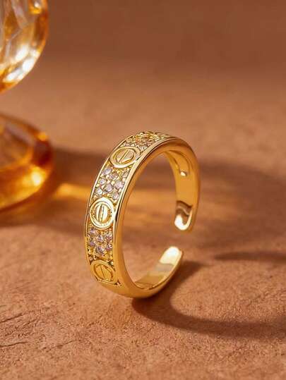 1pc Fashionable Minimalist Triple Row Rhinestone Open Ring, Luxury Gold Color Ring