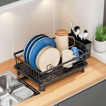 1pc Premium Metal Dish Drying Rack With Cutlery Holder - Drill-Free Space Saving Countertop Dish Drainer | Multifunctional Kitchen Countertop Storage Rack, Essential Organizer For Plates, Bowls, Knives And Silverware