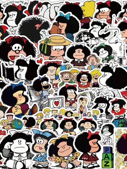 50 PIEZAS Pegatinas de graffiti con temática del cómic de Mafalda, de estilo lindo y divertido, de material impermeable y reutilizable, para motocicleta, coche, caja de regalo, sobre, graffiti, guitarra, portátil, equipaje, manualidades DIY, casco, jugador, portátil, juego, manual, bicicleta, fiesta de cumpleaños de jugador, adulto, decoración de oficina, temporada de regreso a clases