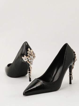 优雅女士尖头高跟鞋，性感花卉金属装饰细高跟鞋，时尚奢华新娘婚礼高跟鞋