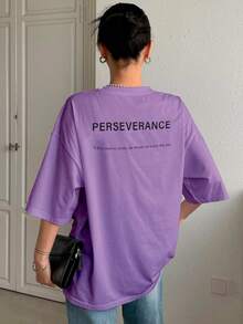 T-Shirt With "Perseverance" Print Lettering. Minimalist, Casual, Modern, Sophisticated, Simple, Basic, Summer, Oversized. - Lilac - View 2