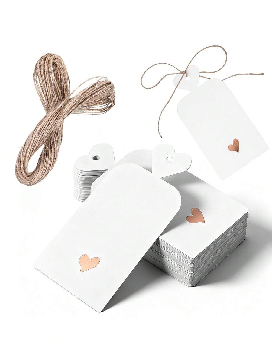 50 etiquetas de regalo en blanco con cuerdas, etiquetas de papel en blanco con cuerdas de yute, etiquetas de papel blanco decoradas con un patrón de corazón de oro rosa, etiquetas de empaquetado de regalo personalizadas adecuadas para cumpleaños, baby shower, boda, San Valentín y otras ocasiones, etiquetas colgantes DIY para boda, decoración de fiesta, tarjetas de mensaje - Multicolor - Ver 1