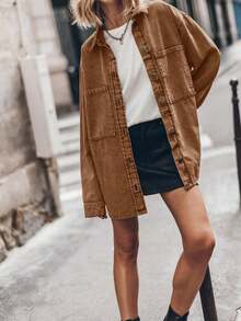 Saodimallsu Women's  Denim Overshirt Jacket Oversized Long Sleeve Button Up Casual Boyfriend Coat - 棕色 - 查看 2