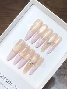 Pure Handmade Wearable Nails; Thin High Heels Nail Shape; Handmade Hand-Painted Pink Cat Eye French Nails; High-Quality Temperament Simple Design, Autumn And Winter Nails, Full Coverage False Nails, Y2K Nails, Unique And Niche Creative False Nails, Daily Nails, Cute Modern Style Nails, Daily Use, Detachable And Reusable. - Multicolor - View 15