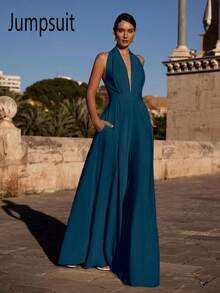 Bộ jumpsuit vải dệt kim màu trơn, hở lưng, xẻ cao, có khóa kéo, thích hợp cho các dịp lễ, sinh nhật, tiệc tùng, tựu trường, tiệc độc thân, biểu diễn sân khấu và hòa nhạc, phong cách thanh lịch mùa xuân/hè. - Màu xanh ngọc - Xem 2