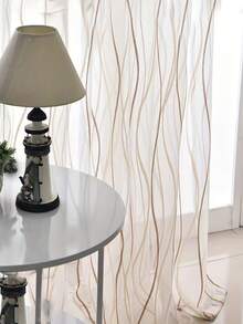 1pc Wavy Striped Sheer Curtain, Casual Lightweight With Eyelet Top Design, Suitable For Living Room And Bedroom, Elegant Translucent Wavy Ripple White Voile Drape - White - View 4