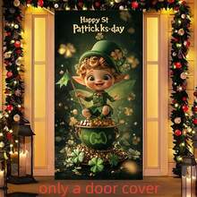 2Dflat,1pc St. Patrick's Day Door Cover, Polyester Banner, Gnome And Shamrock Design, Multi-Purpose Holiday Outdoor Decoration, No Electricity Required, Green Door Hanging Sign For Party Decoration - 1PCS - View 6