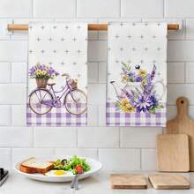 2pcs Purple Floral & Bicycle Pattern Kitchen Towels, 40*60cm Soft Microfiber Material Dish Cloths, Suitable For Home, Kitchen, Restaurant, Outdoor Camping, Durable Cooking Baking Tea Towels, Great Gift
