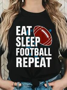 Eat Sleep Football Repeat - American Football T-Shirt, Graphic Tees Women - 黑色 - 查看 6
