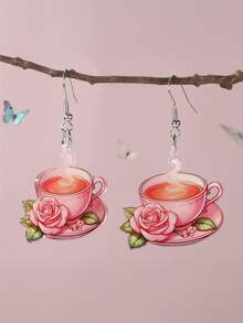 1 pieza Pendientes acrílicos versátiles y creativos con diseño de elfo de café, rosa y corazón, adecuados para hombres y mujeres, regalo elegante para el Día de San Valentín, días festivos y cumpleaños - Multicolor - Ver 2