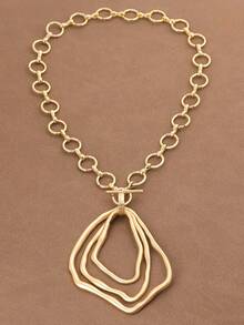 SUPBORA 1pc Fashion Matte Gold/Silver Color Asymmetrical Open Hollow Square Shape Pendant Chunky Chain Statement Necklace Suitable For Women's Daily Wear 18" - Circles - View 3