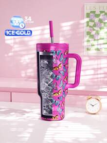 Meoky 40oz Tumbler with Handle and Straw, Insulated Cup, Vacuum Insulated Water Bottle, Tumbler with Lid and Straw, Insulated Stainless Steel Travel Mug, 100% Leak-proof, Keeps Cold for 34 Hours or Hot for 10 Hours (Pink bflies) - 粉色 - 查看 4