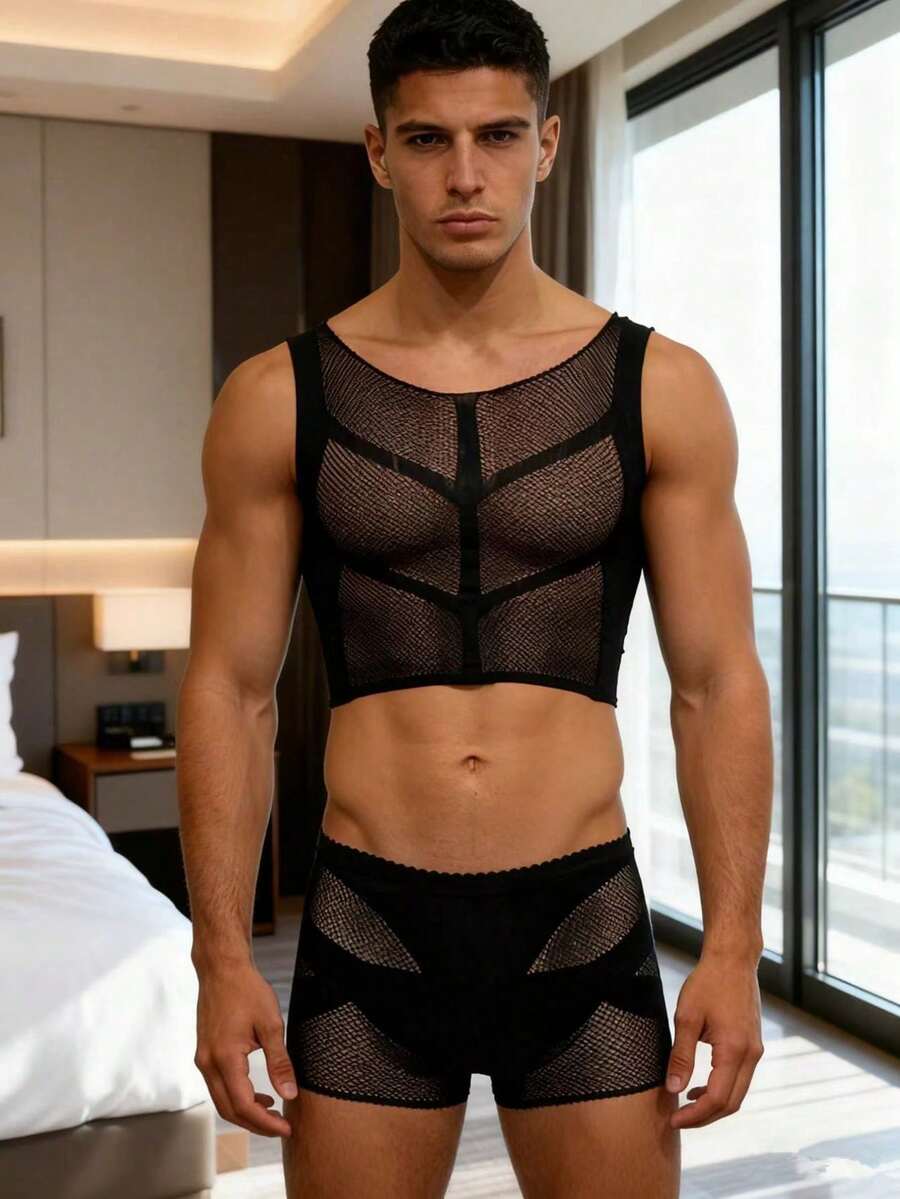 Men's Sexy Fishnet Lingerie, Nightclub Bar Performance Outfit, Sheer Underwear - Black - View 1