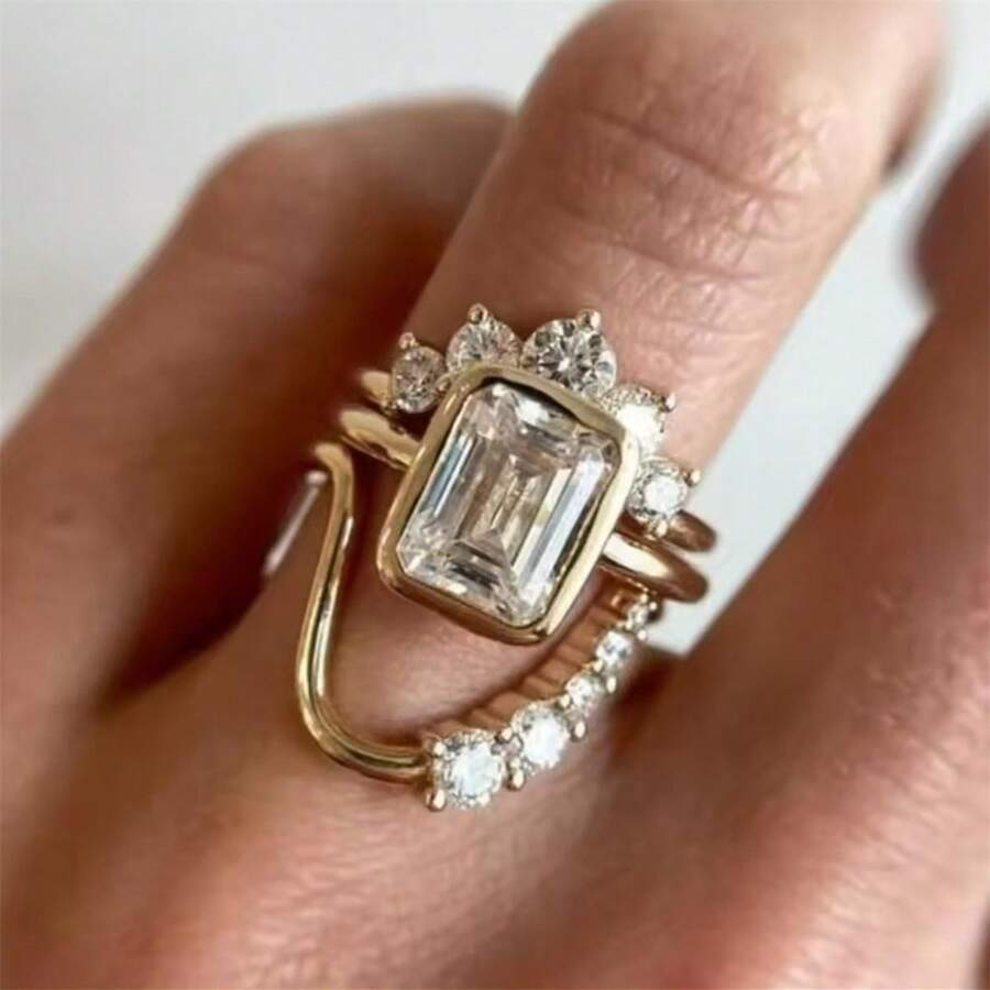 VKHK 3pcs/Set Elegant Sparkling Zirconia Decorated Ring Set Suitable For Women Wedding Wear Gift - Ring Set - View 1