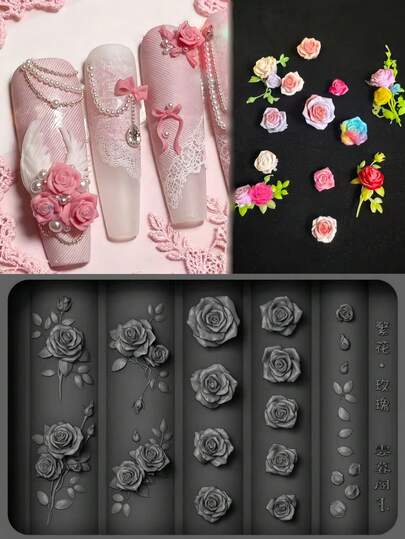 1个透明硅胶模具，用于3D美甲装饰，奢华玫瑰花瓣和叶子图案