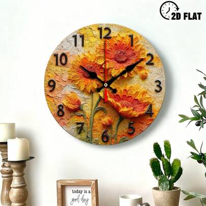 1pc 10inch Modern Farmhouse Style Floral Wall Clock, Featuring Vibrant Orange And Yellow Sunflower Design - Large Hour Hand, Easy-To-Read Dial, Wooden Round Clock, Suitable For Bedroom, Living Room Decoration - Battery Operated (AA Batteries Not Included) - Ideal Housewarming/Birthday/Holiday Gift