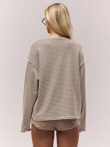 Long Sleeve Striped Button Down Oversized T-Shirt Fall Autumn Old Money Cute Cosy Country Cottage Core Casual Lounge Winter Christmas Butterscotch Christmas,Elegant Winter Clothes For Women Elegant Women's Blouses Casual Blouse For Women Graphic Tees Women - Brown - View 2